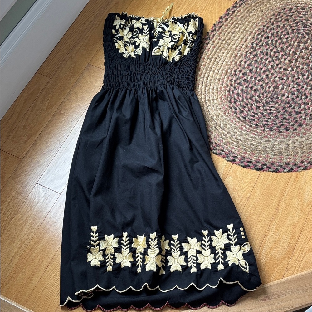 Black Strapless Dress with Gold Floral Embroidery